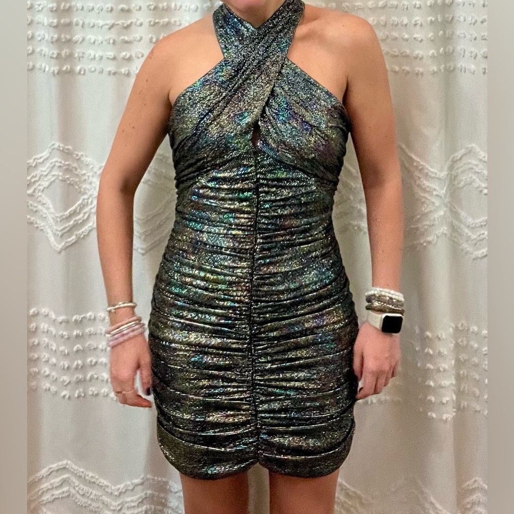 Bebe Metallic Keyhole Halter Top Dress 8